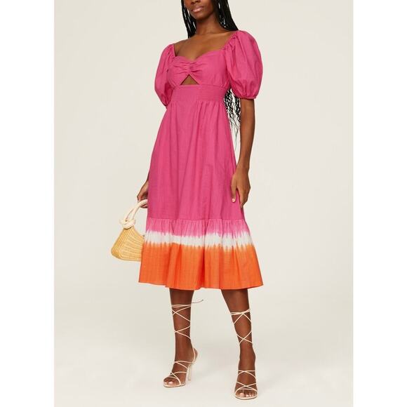 Sachin & Babi Bri Dress Fuchsia Orange Puff Sleeve Midi Size 6 NWT